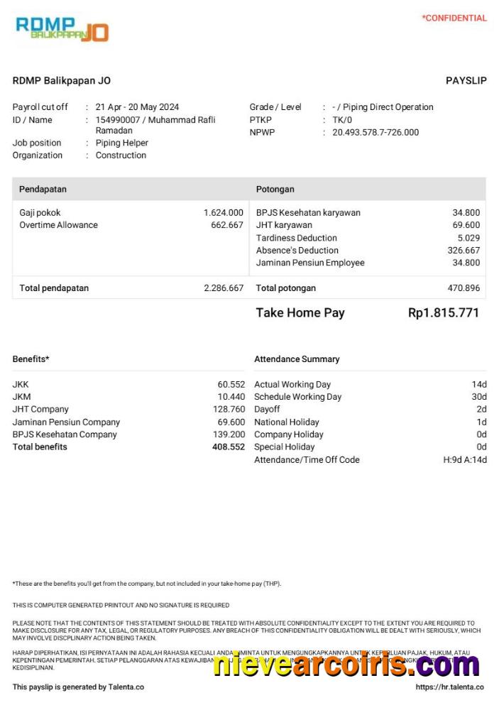 RDMP Balikpapan JO construction company payslip